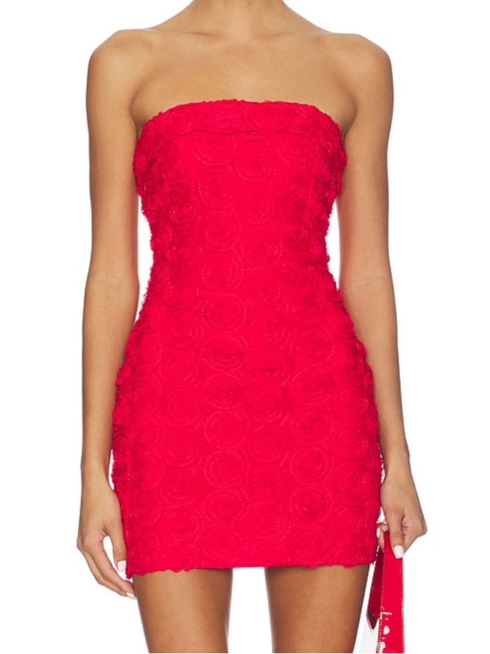 Strapless Red Floral Textured Mini Dress